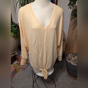 Women's Alyx Oversized Yellow Rayon Knit Brushed Dolman Tie Front Top Sz M